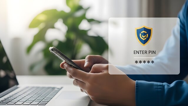 Person holding phone and laptop with interpol identification badge in foreground