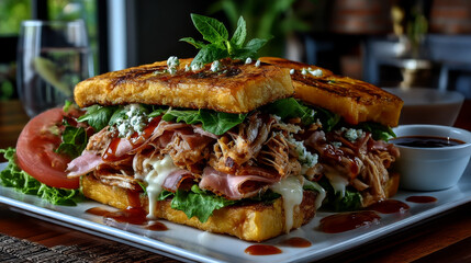 Patacon stuffed with everything, ham, lettuce, stewed pulled chicken meat, fresh cheese, plantain and ketchup with mayonnaise on a black plate