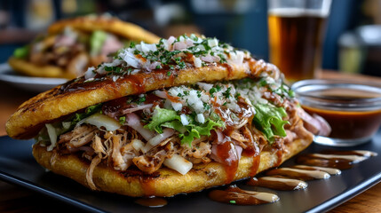Patacon stuffed with everything, ham, lettuce, stewed pulled chicken meat, fresh cheese, plantain and ketchup with mayonnaise on a black plate