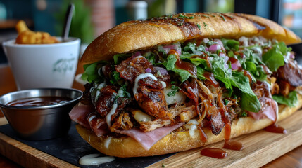 Patacon stuffed with everything, ham, lettuce, stewed pulled chicken meat, fresh cheese, plantain and ketchup with mayonnaise on a black plate