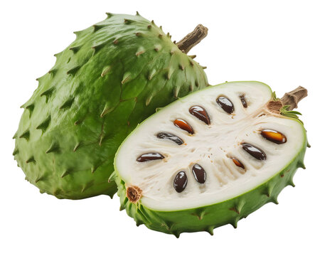 Fresh soursop fruit whole and halved, guanabana with white pulp and black seeds, transparency, cut-out design for food packaging.