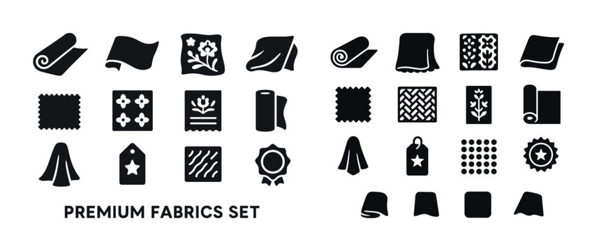 Premium fabric icons set: textile patterns, materials, tags, swa