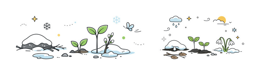 Illustrated transition from winter snow to spring growth with plants and sun