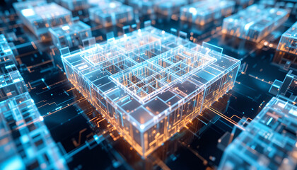 A futuristic 3D rendering of a glowing blue and orange cube structure