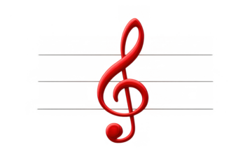 Red musical treble clef symbol creating a glossy 3d effect, representing music, sound, melody, and rhythm on transparent background