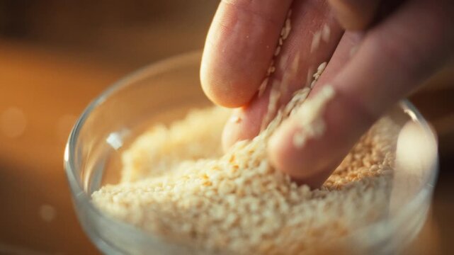 A man's hands carefully gather sesame seeds, pouring them into a bowl as part of a rigorous grain quality control process, meticulously checking every detail during the thorough inspection procedure
