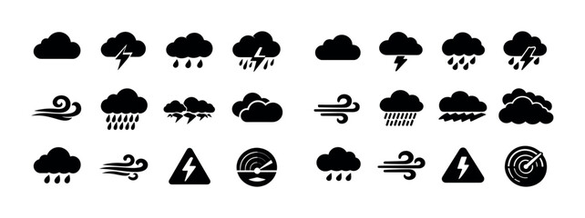 Weather icons set: clouds, rain, lightning, wind, storms, warnings
