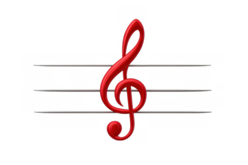 Red musical treble clef 3d icon on a staff, embodying melody, harmony, and music education concept with transparent background