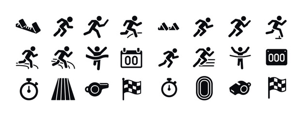 Athletics icon set: running, jumping, timing, and track symbols
