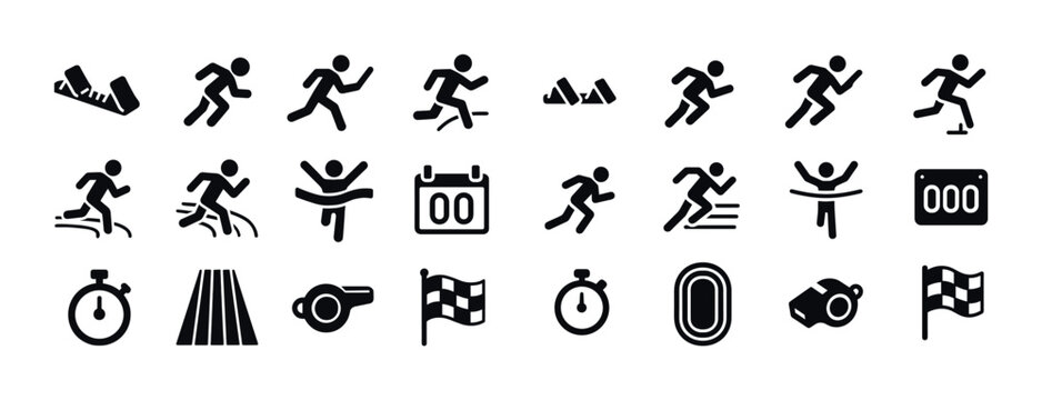 Athletics icon set: running, jumping, timing, and track symbols