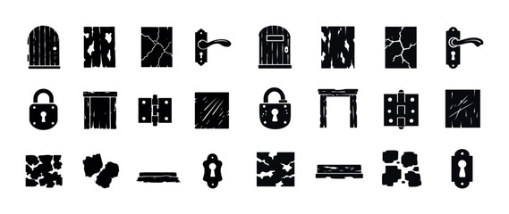 Silhouette icons of doors, locks, hinges, and handles