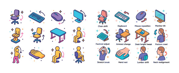 Ergonomic office setup guide with illustrated tips for improved