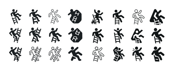 Icon set of stick figures falling from ladders in various styles