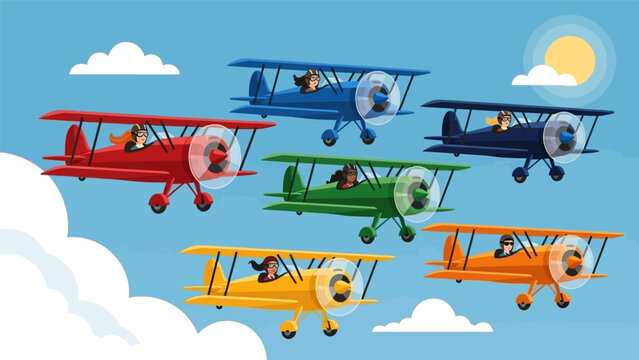 Colorful cartoon biplanes flying in formation against a blue sky.