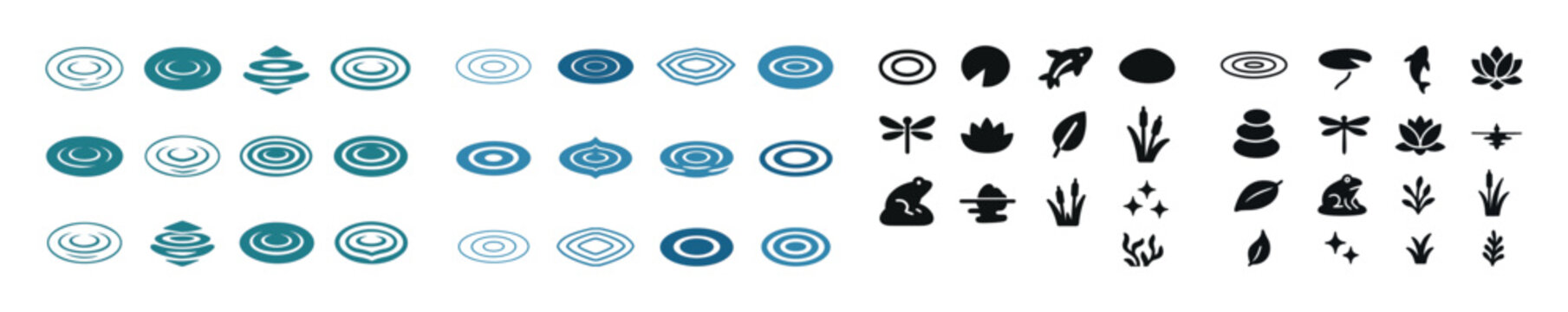 Abstract spiral and nature icons set in blue and black