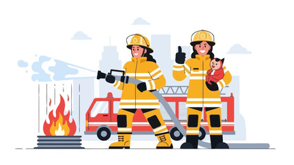 Two firefighters in action with fire truck in the background.