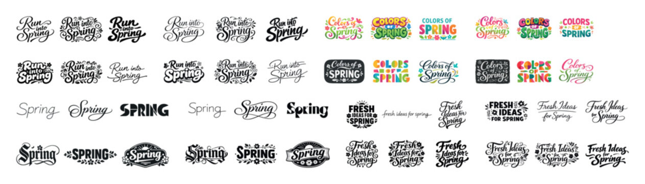 Colorful and monochrome spring typography designs in various styles