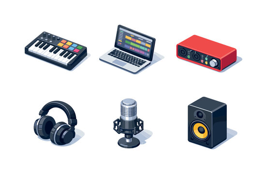 Music Production Setup. Home music production. Isometric flat vector icons set of Home music production: MIDI keyboard, laptop computer, audio interface,