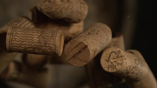 super slow motion An intricately designed wine cellar with floating corks creating festive and lively mood