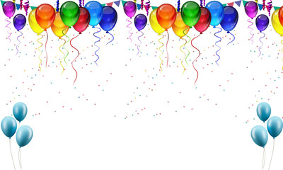 PNG image of Colorful festive party balloons with hanging streamers and falling confetti creating a joyous celebration border design on transparent background © Raihan Alam