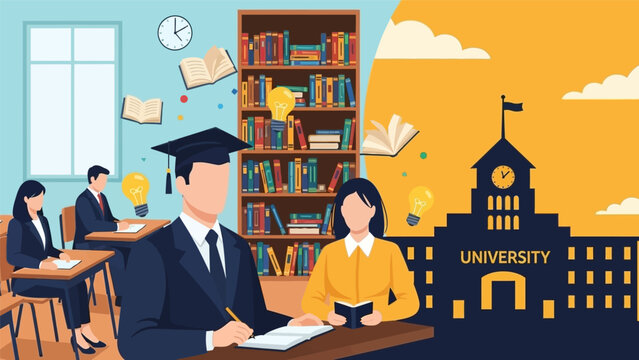 Students studying in a university classroom with graduation cap.
