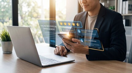 A man in a suit sits at a desk with a laptop and phone, surrounded by rating graphics.