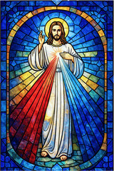 Divine Mercy Jesus Christ Stained Glass Style Christian Vector Illustration with Red and White Rays