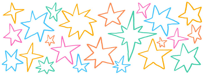 Hand drawn sketchy bright color rainbow star doodle illustration. Vintage grunge sketch icons for card invitations, poster design, party banner, social media post design.