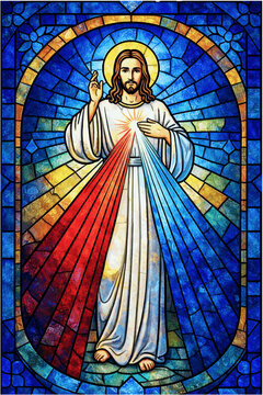 Divine Mercy Jesus Christ Stained Glass Style Christian Vector Illustration with Red and White Rays