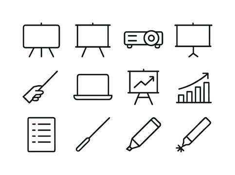 Presentation Tools Icons. Presentation tools. Line icon set of P