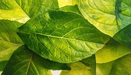 Close-up of overlapping, vibrant green leaves with textured surfaces