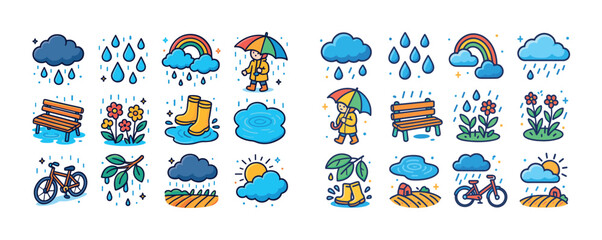 Colorful weather icons with rain, sun, umbrella, and nature elements