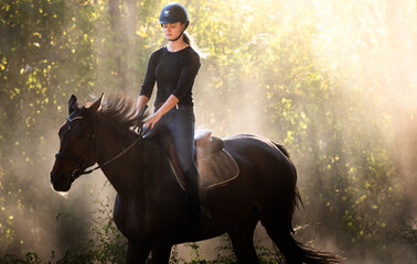 A young girl riding a chestnut horse in rural countryside.