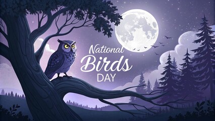 Owl On Ancient Tree Branch Under Full Moon Night Wildlife Scene.