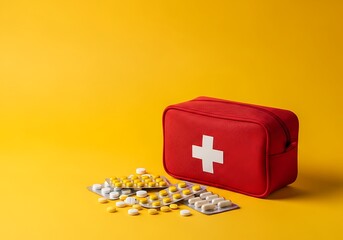 Professional product shot of a red fabric first aid kit with scattered pills on a striking cadmium yellow background, perfect for healthcare safety promotions and pharmacy advertising
