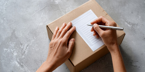 Person writing on checklist attached to cardboard box on concrete surface, preparing package for shipping or delivery