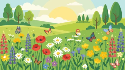 Ingelijste posters Pistachekleur Spring meadow landscape background. Summer nature scene with colorful wildflowers butterflies. Green grass field. Flat vector illustration. Sunny rural countryside pasture view.  © Saqib GFX