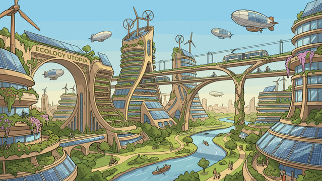 Futuristic solarpunk city. Sustainable eco utopia green architecture vertical gardens. Renewable energy wind turbines solar panels. Future urban nature concept. Ecology environment.