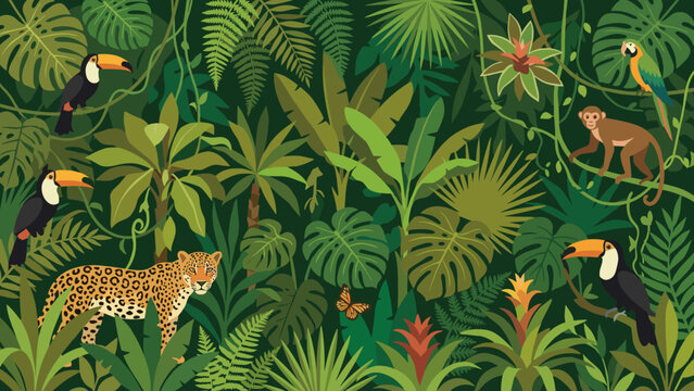 Dense jungle forest background. Exotic plants and leaves. Tropical rainforest wildlife vector. Green nature landscape. Safari animals. Wild ecosystem. Amazon flat style illustration.