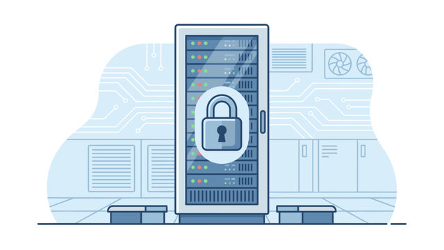 Secure server rack with lock icon. Data center security concept. Cybersecurity protection. Cloud storage database hosting. Privacy hardware. Safe technology flat vector illustration.