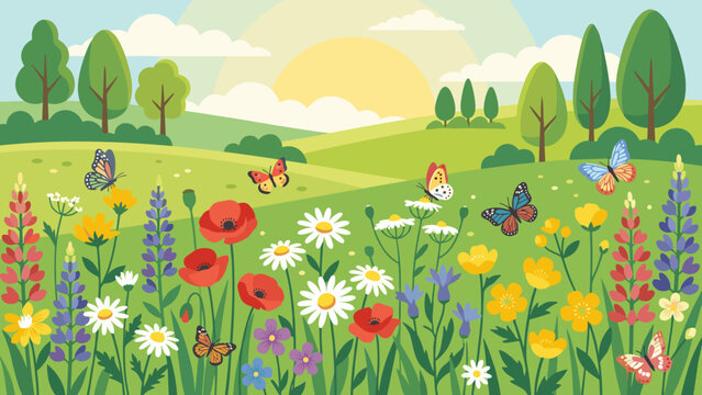 Spring meadow landscape background. Summer nature scene with colorful wildflowers butterflies. Green grass field. Flat vector illustration. Sunny rural countryside pasture view.