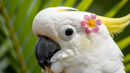 Extreme close-up of an elegant cockatoo with a colorful flower, its intelligent eye in sharp focus amidst blurred tropical foliage. Perfect for nature, travel, pet care content,