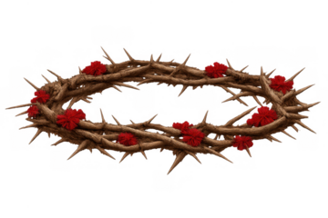 Crown of thorns with red blossoms representing christ's passion, sacrifice, crucifixion, and redemption on a transparent background
