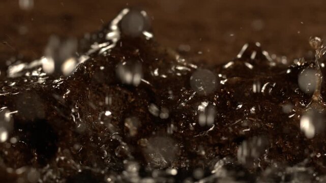 super slow motion Detailed grounds produce rich aroma, Complex scent emerges from carefully prepared coffee