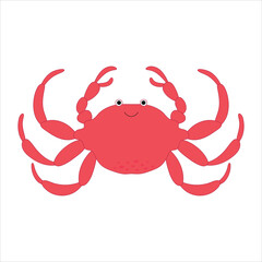 Hand-drawn red crab. Cute, cheerful crab with large claws, design for a poster, postcard, or banner. Isolated vector illustration on a white background.