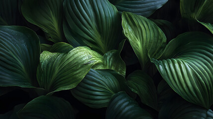 Large green hosta leaves with ribbed texture and water droplets
