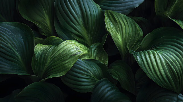 Large green hosta leaves with ribbed texture and water droplets