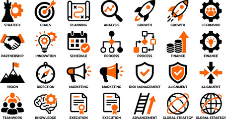 Business Strategy and Planning solid icon set. Includes icons for Mission, Vision, Roadmap, and Risk Management. Modern glyph vector symbols for corporate development and success © Pixel_Forge