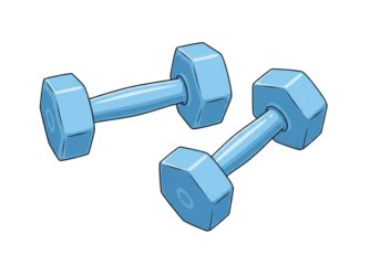 Two light blue hexagonal dumbbells, one horizontal, one diagonal, on a clean transparent background, rendered in flat design vector illustration, minimalist style. Concept of modern fitness