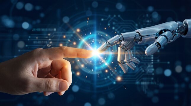 A human hand and a robotic hand touching with a bright light in between, symbolizing connection and technology - Powered by Adobe